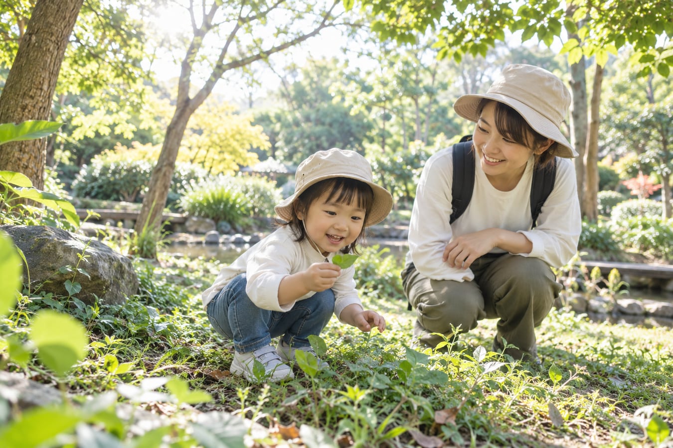 緑の園庭で植物を観察する親子のイメージ。成田市内の実際の園庭ではありません