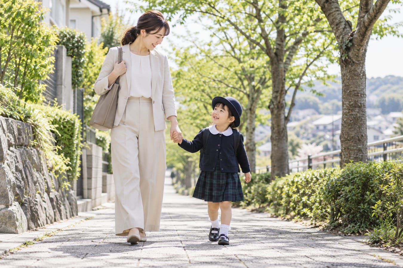 保護者と子どもが通園ルートを歩くイメージ。成田市の特定の通学路を撮影したものではありません