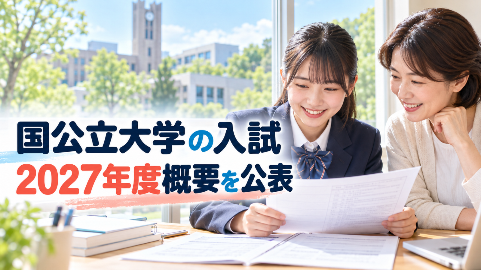 国公立大学の入試要項を確認する高校生と保護者