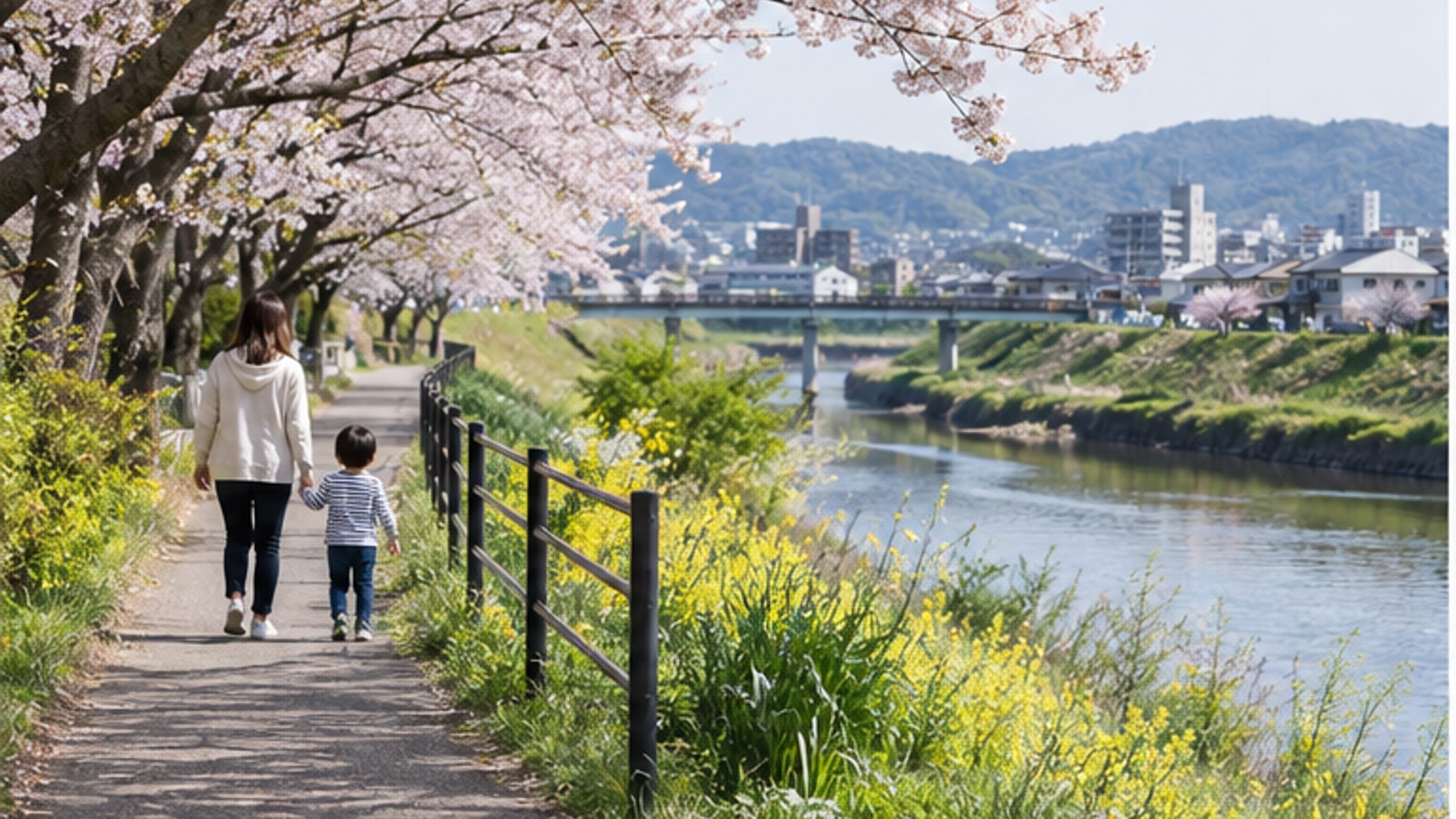 寝屋川市の川沿いに続く緑の遊歩道