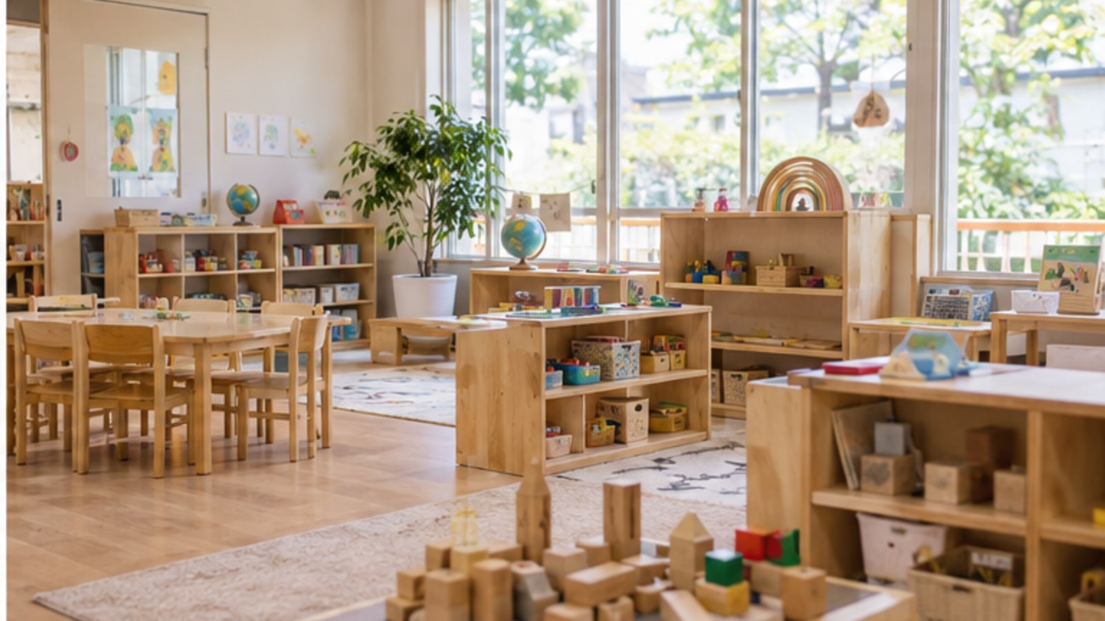 木の玩具と絵本を置いた明るい幼児教室
