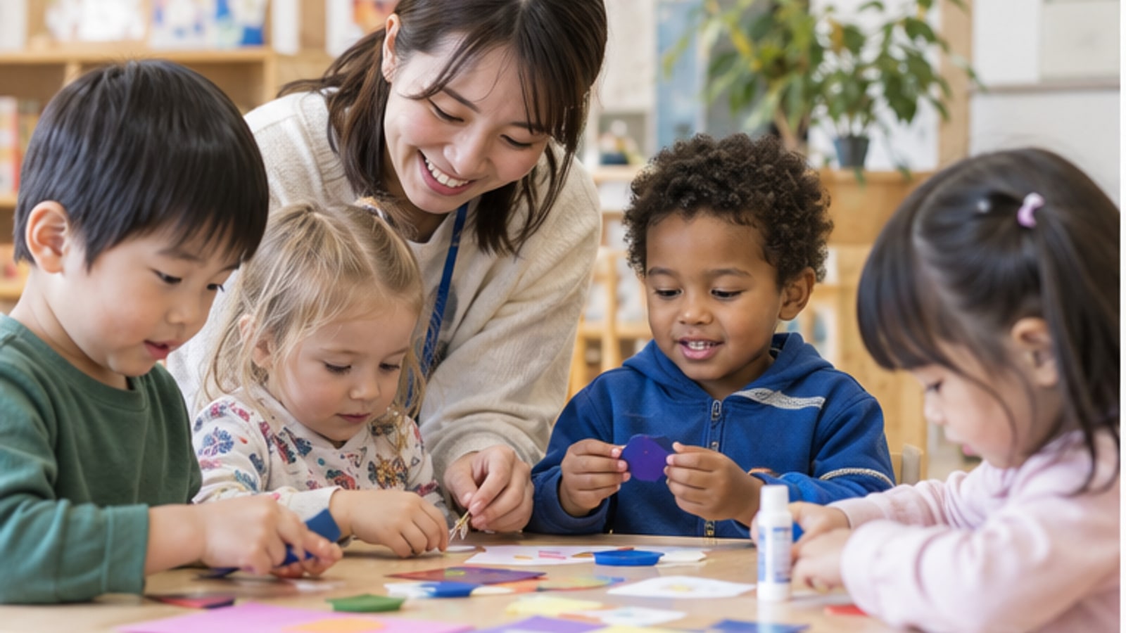 先生と子どもたちが一緒に工作をする場面