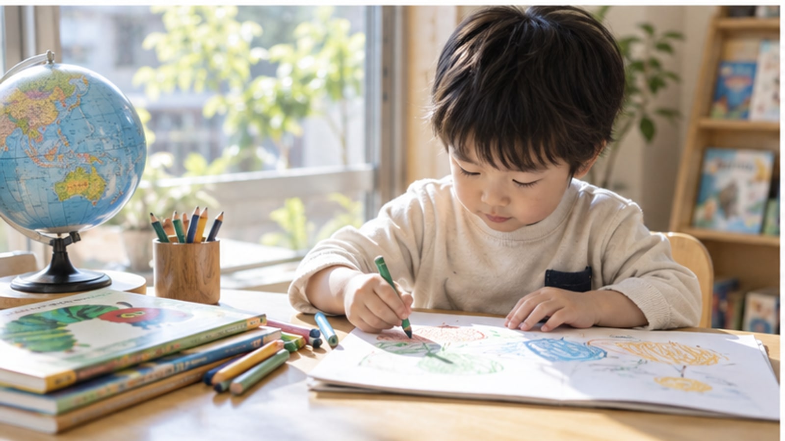 地球儀のそばで絵を描く子どもの学習机