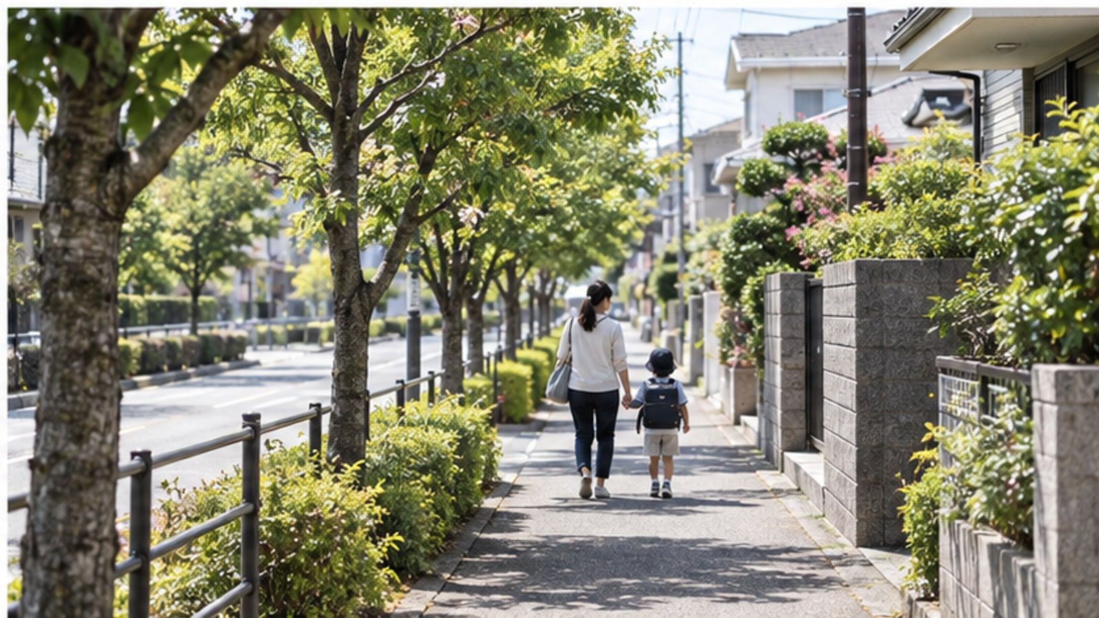 寝屋川市の緑のある住宅街を歩く親子