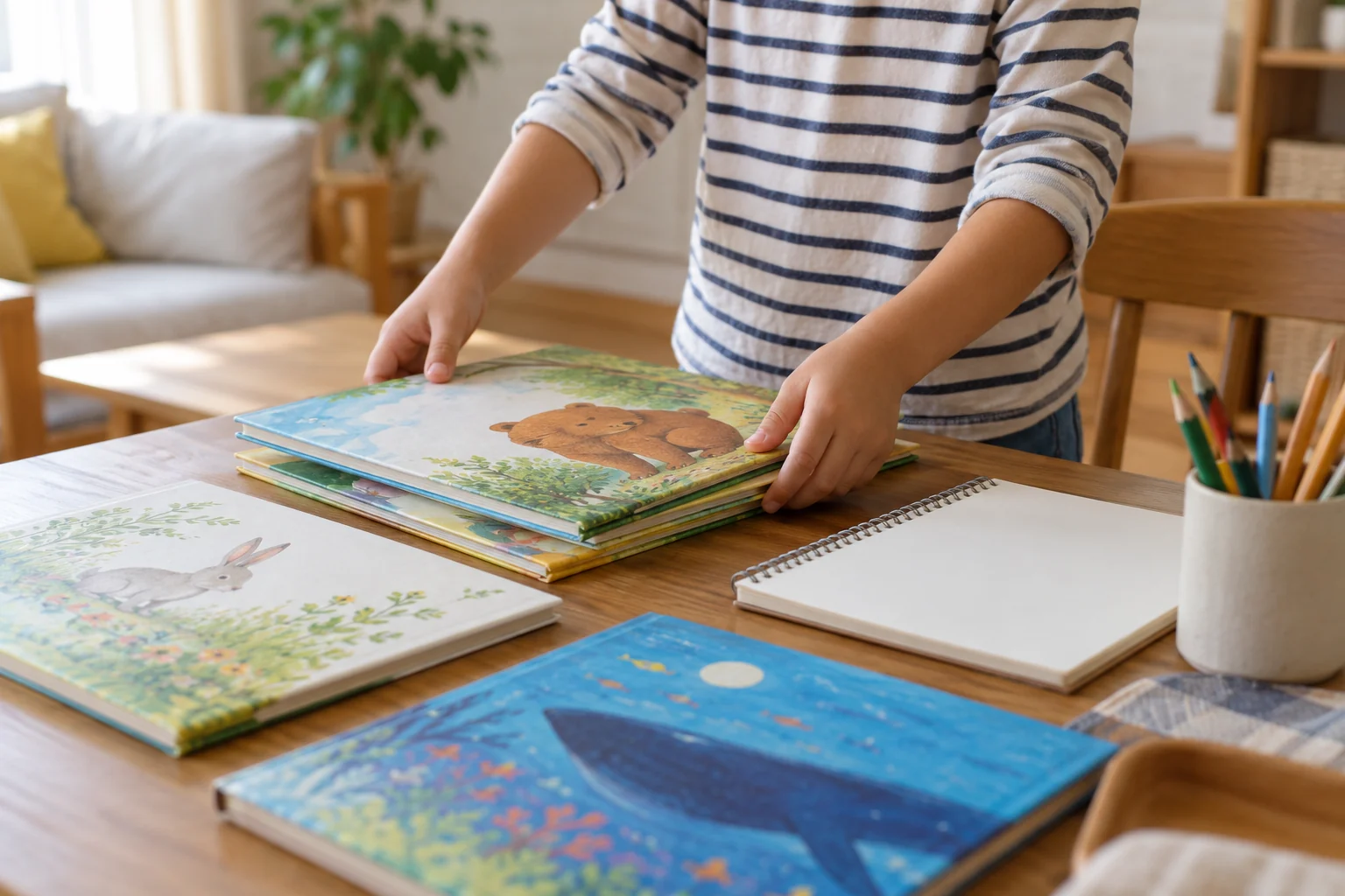 家庭の机で日本語の絵本とノートを準備する子どもの手元を描いたイメージ画像