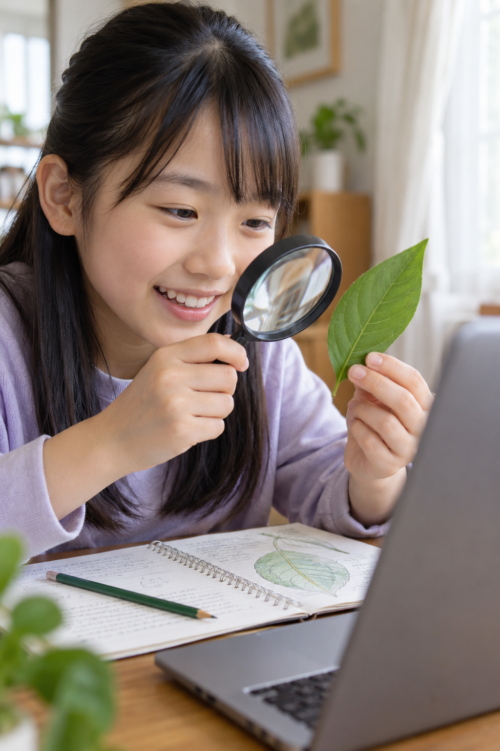 葉を観察しながらノートに発見をまとめる子ども