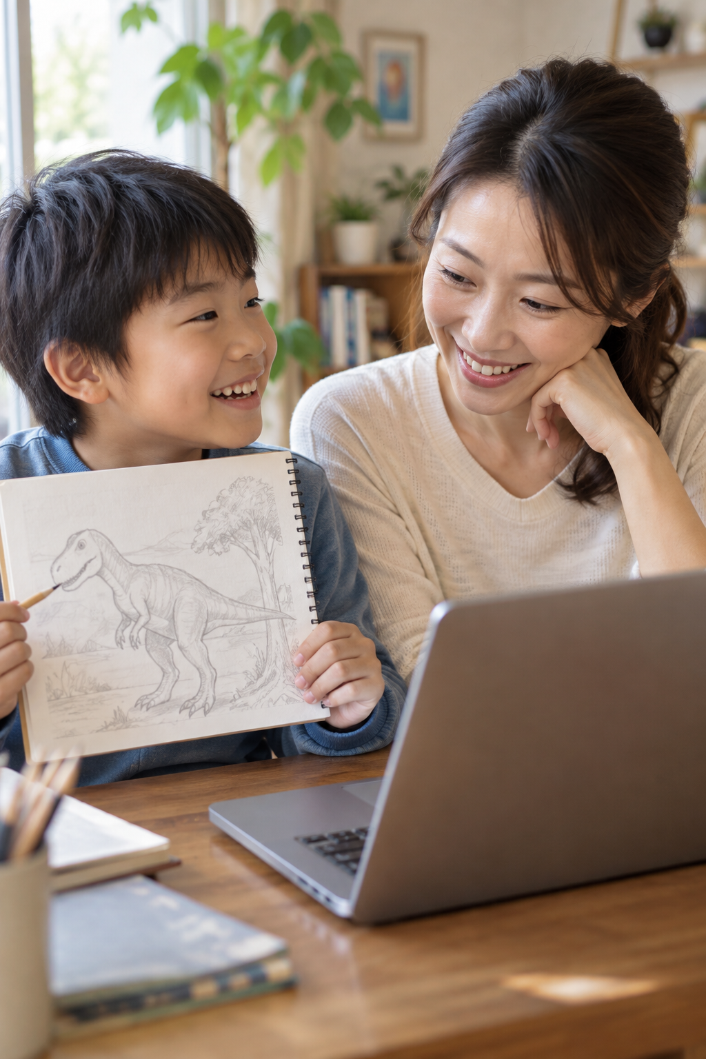 オンラインの体験学習で作品を見せながら相談する親子