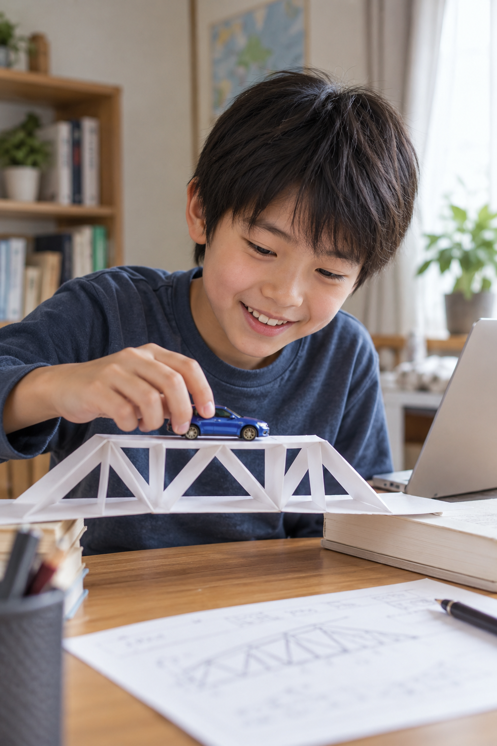 紙の橋の強さを試している子ども