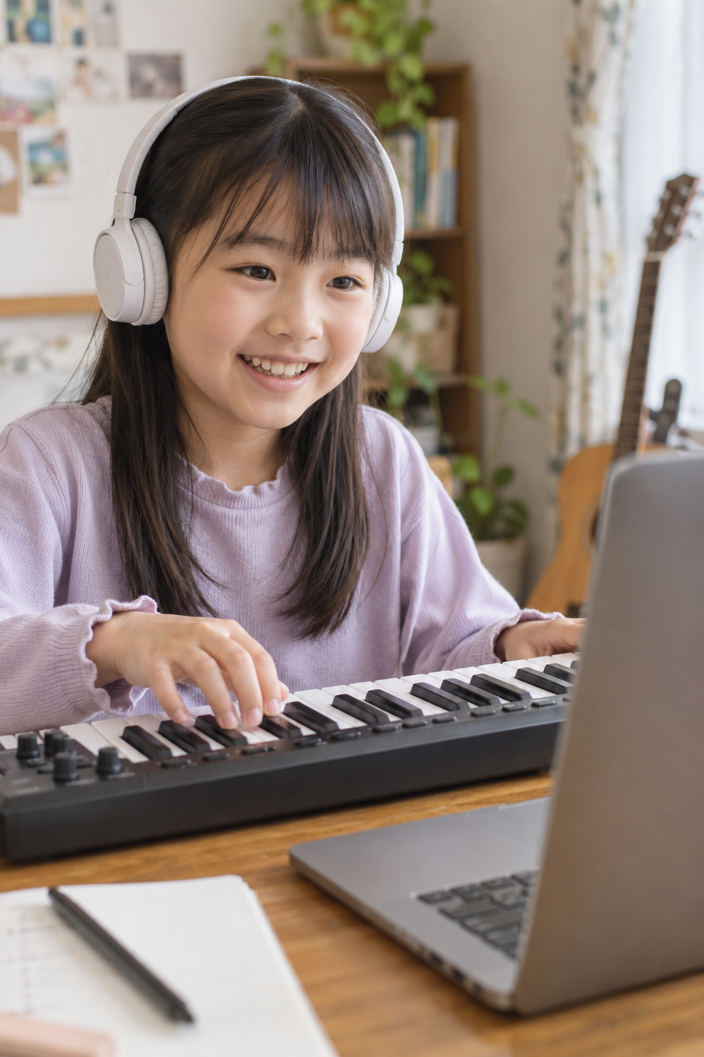 自宅でパソコンと鍵盤を使い音楽づくりを楽しむ子ども