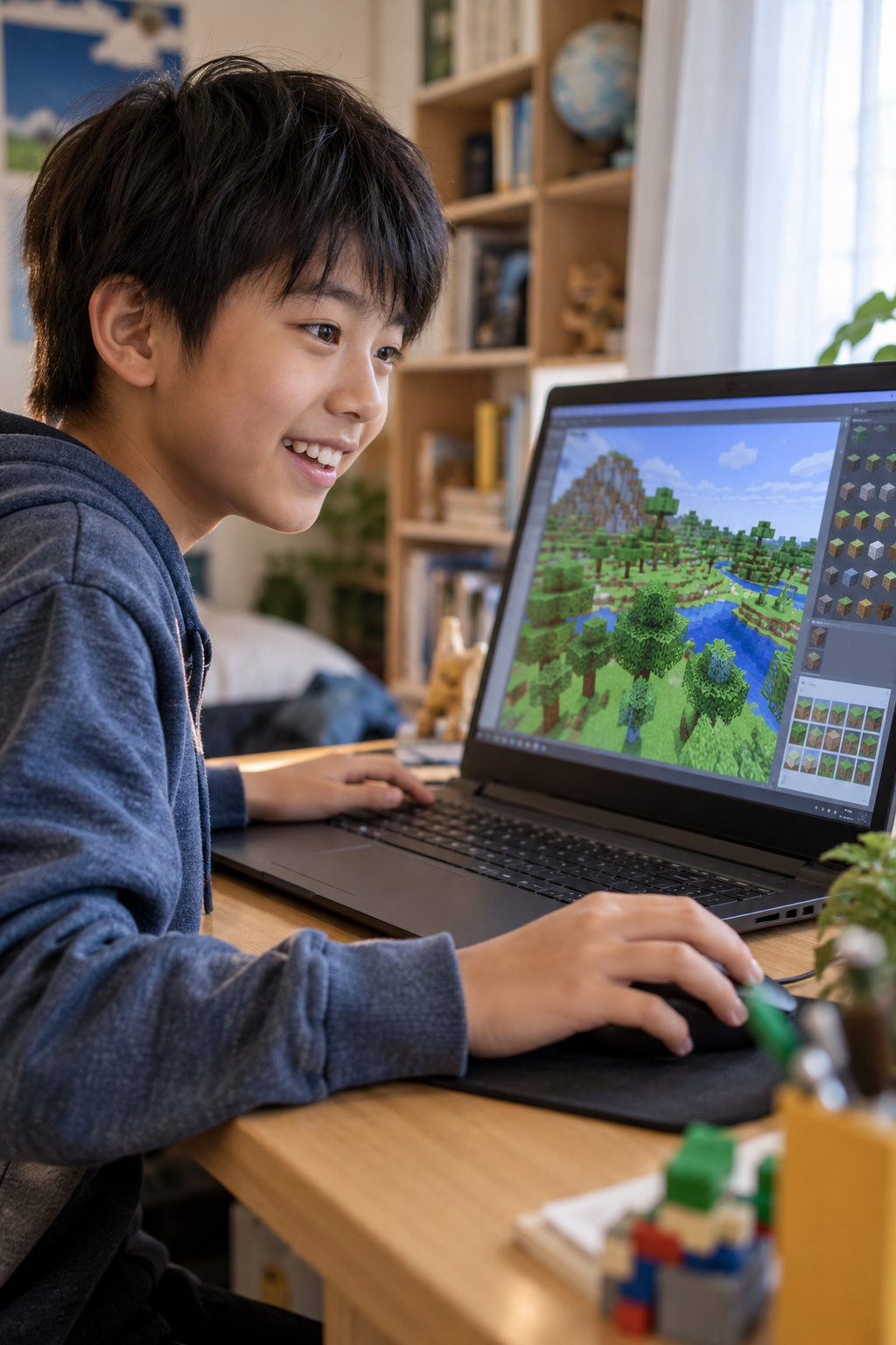 パソコンで立体的なゲームの世界をつくる子ども