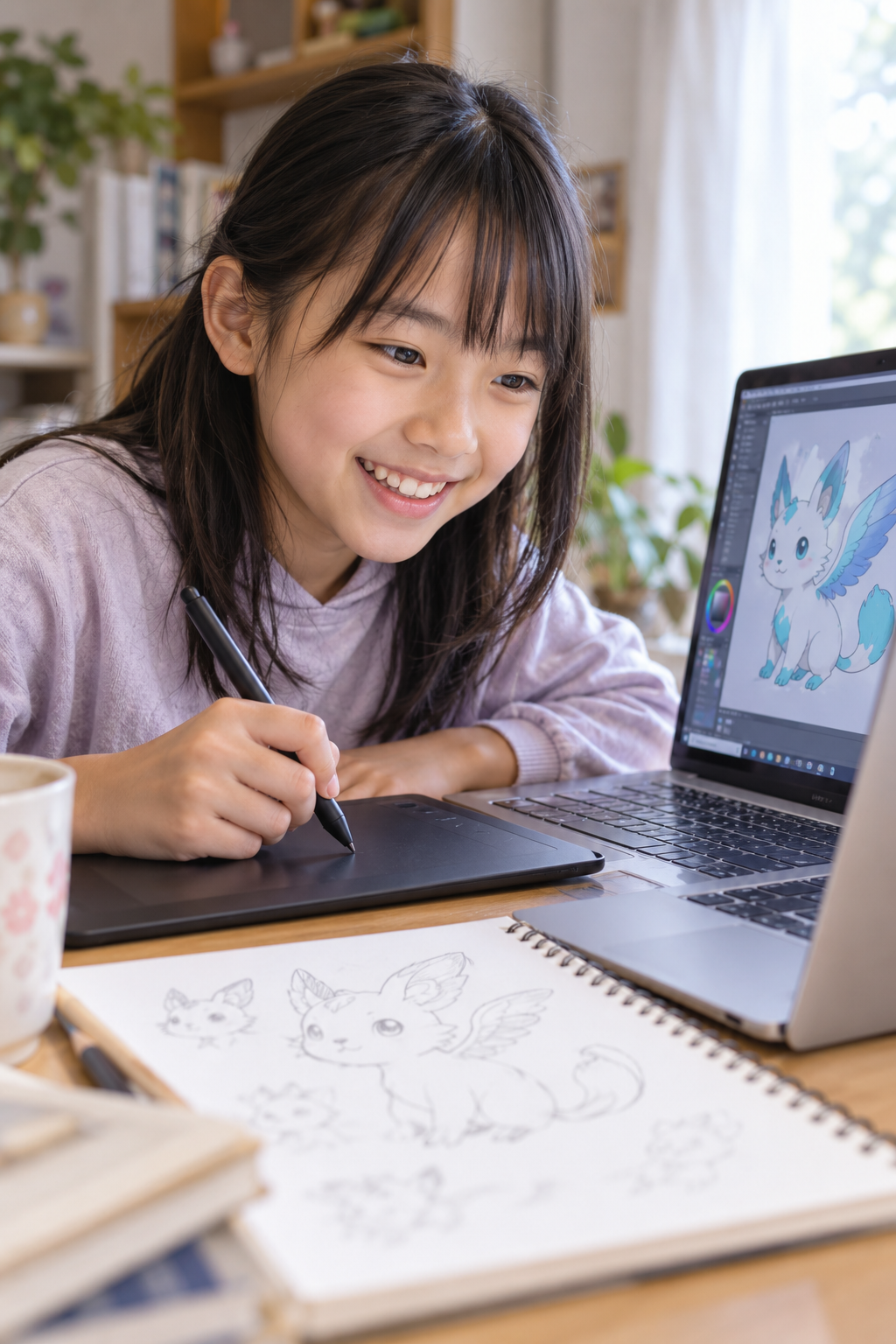 ペンタブレットで自分のキャラクターを描く子ども