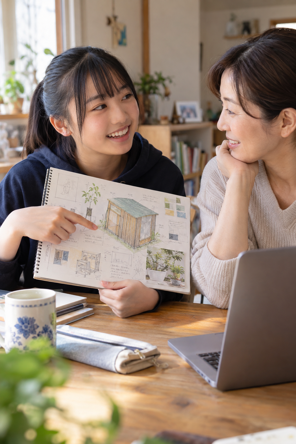 自分の企画を母親に見せて話す中学生