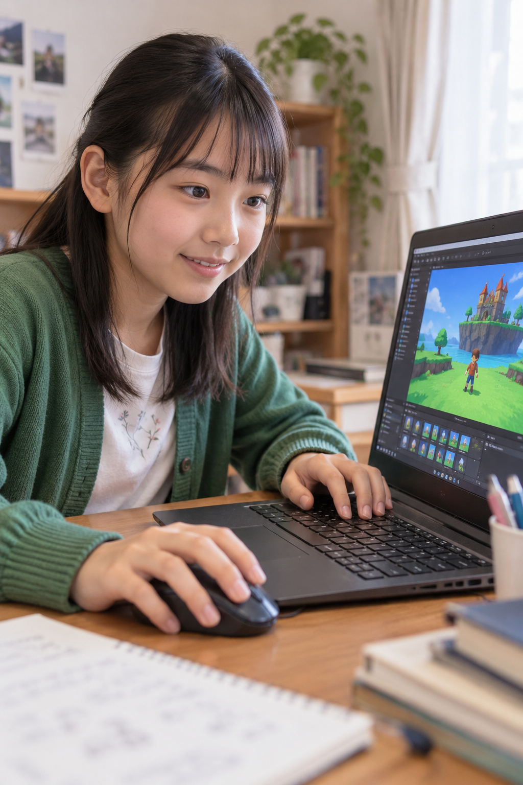 放課後にパソコンでゲーム制作に取り組む高学年の子ども