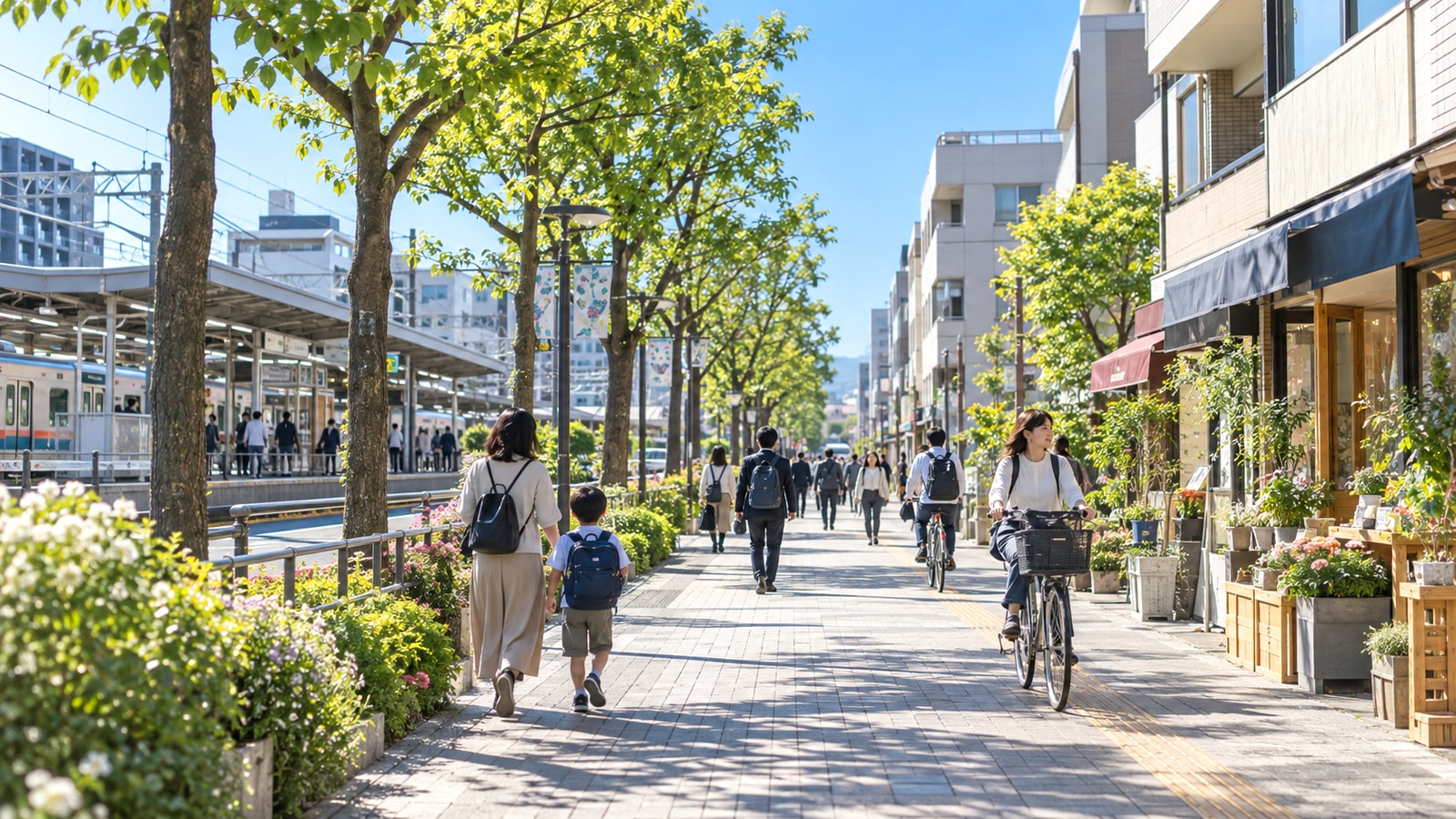 西東京市の駅周辺と緑の道をイメージした風景