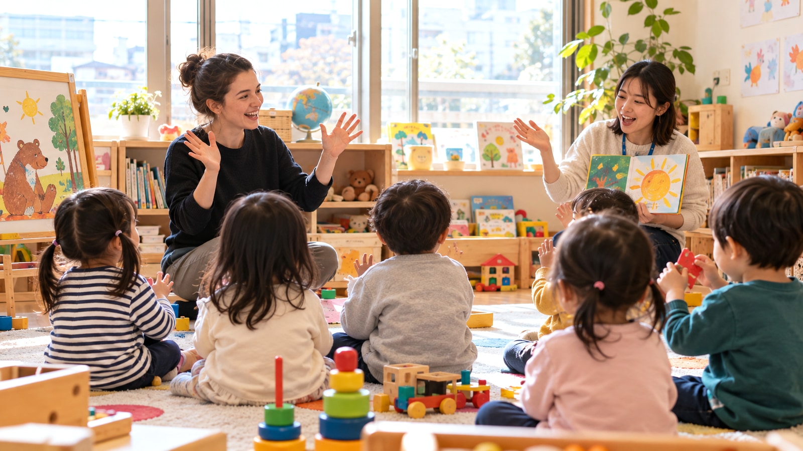 幼児向け英語プログラムをイメージした明るい室内