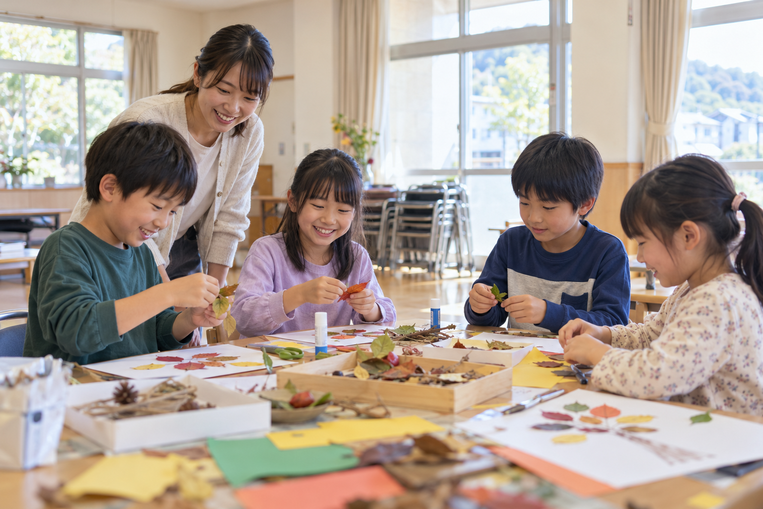 地域の交流室で子どもたちが工作に取り組むイメージの生成画像。延岡市内の実在施設を撮影したものではありません