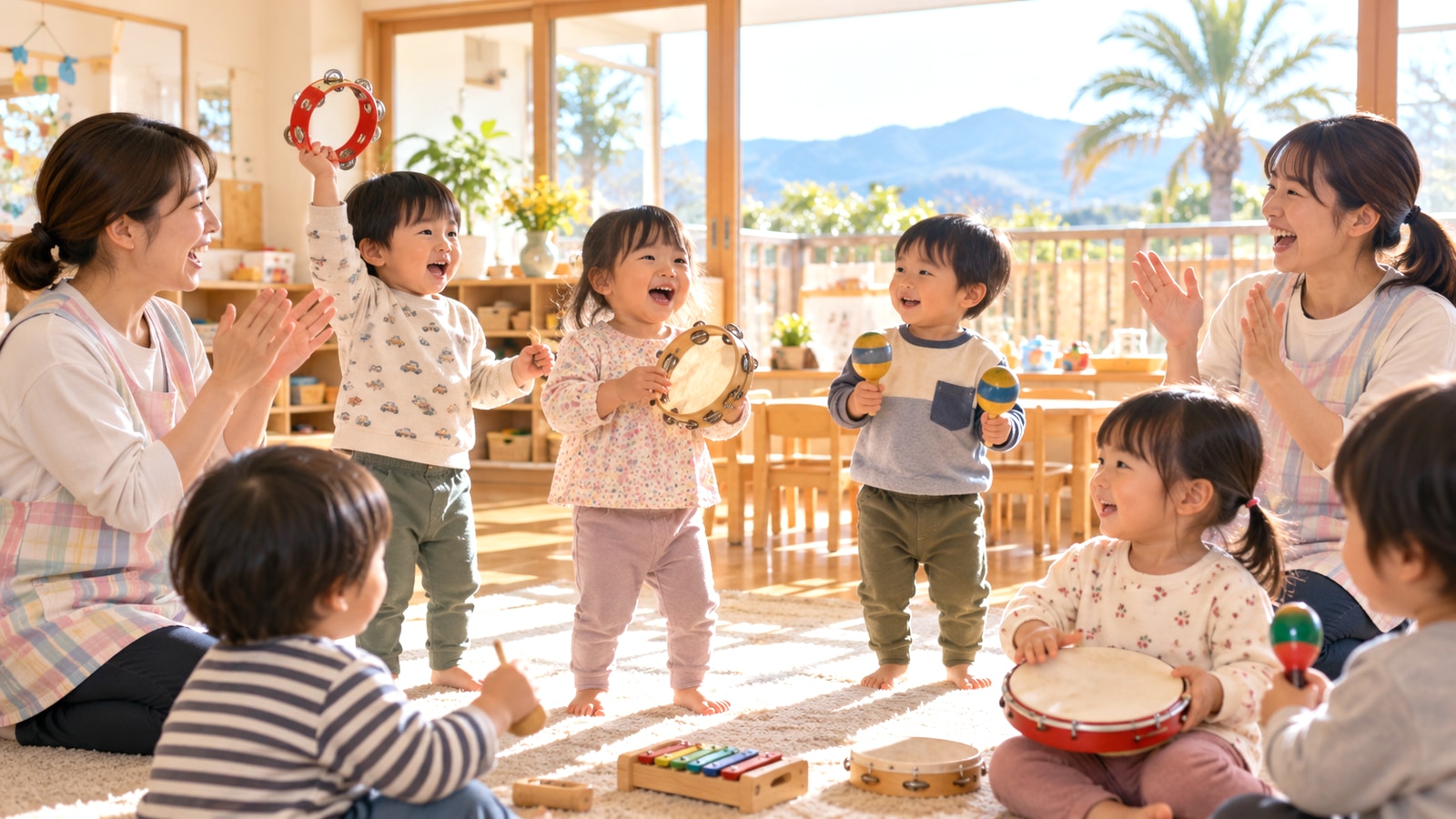 明るい保育室で保護者と幼児がリズム遊びに参加するイメージ