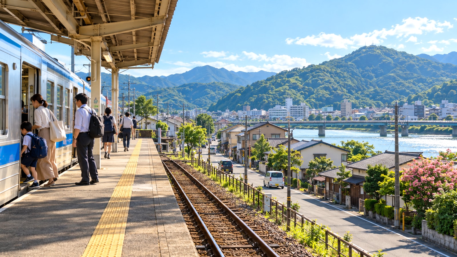 延岡市の山並みと川沿いを走るローカル列車をイメージした風景