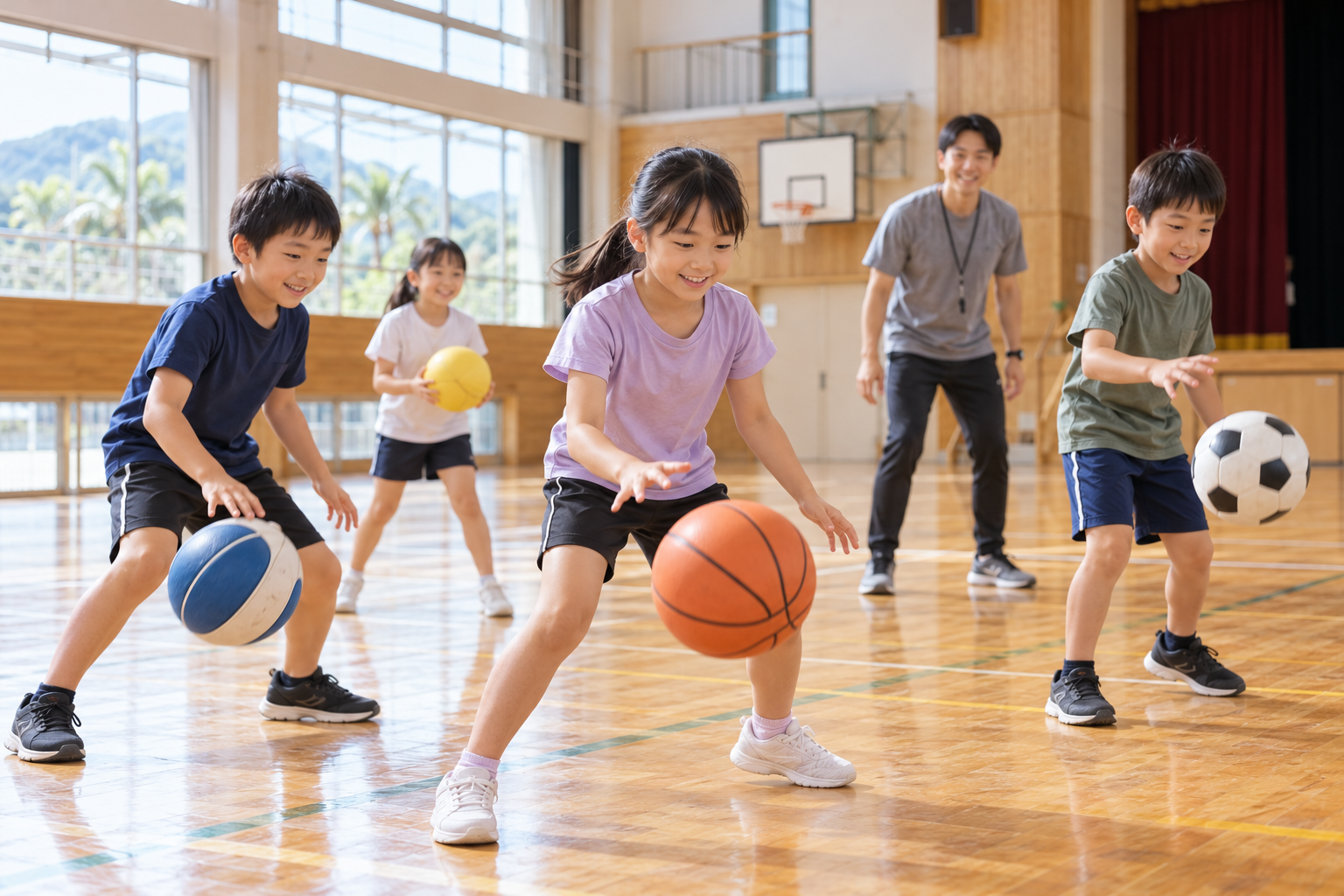 体育館で子どもたちがボール運動を楽しむ様子を表した生成画像。延岡市内の実在団体の活動写真ではありません