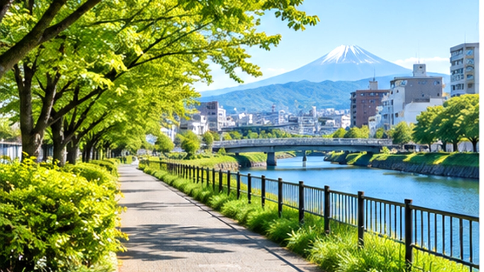 富士山を望む沼津市の川沿いの並木道をイメージした風景