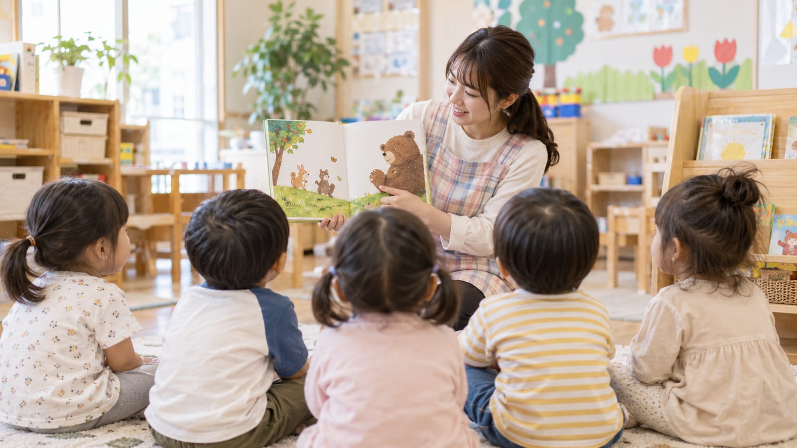 自然光が入る保育室で先生と幼児が絵カードを囲むイメージ