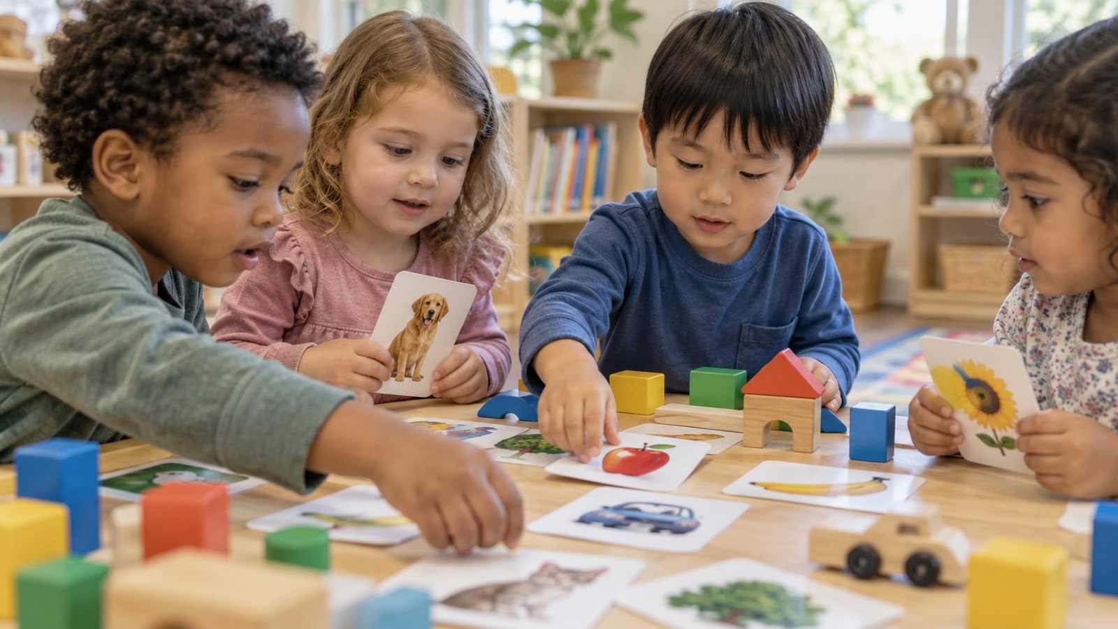 木のブロックを使いながら遊びを通して学ぶ子どもたち