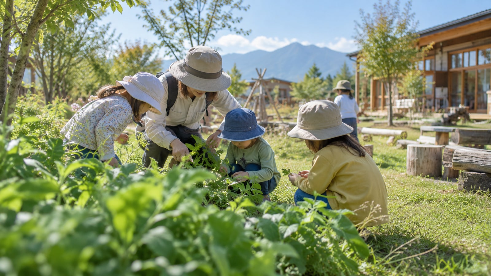 園庭で草花を観察する幼児と保育者のイメージ