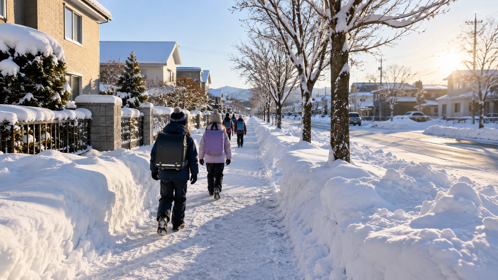 雪のある住宅地で親子が安全に通園するイメージ