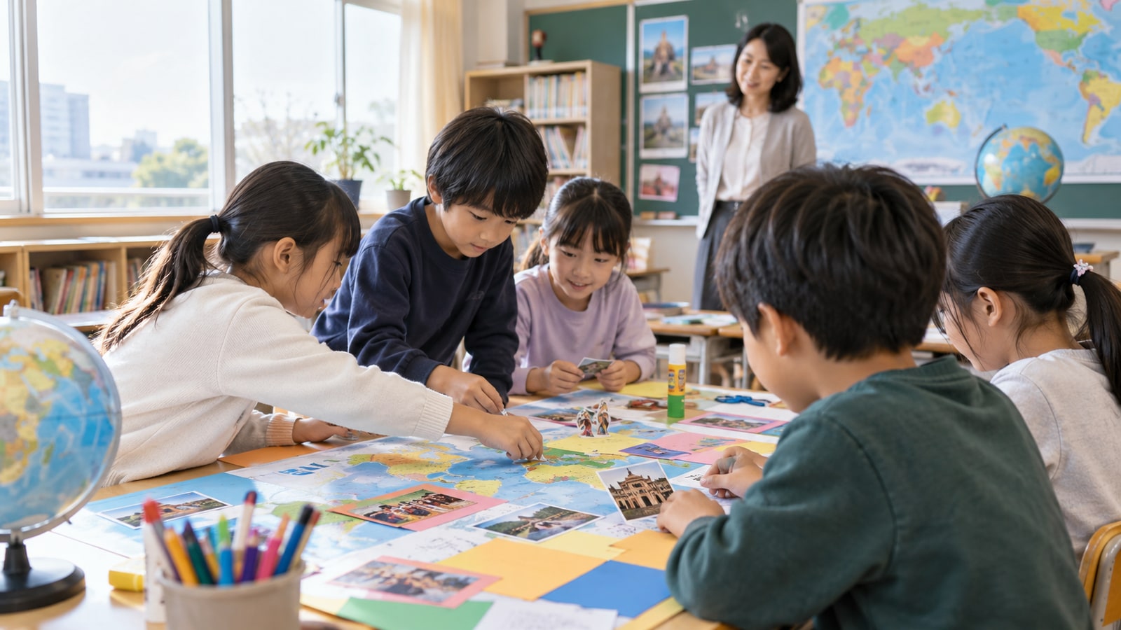 地球儀を囲んで地域や世界について学ぶ子どもたち