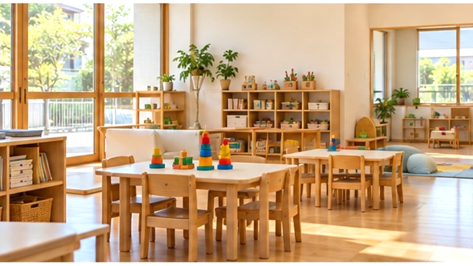自然光の入る、明るい幼児向け学習室のイメージ