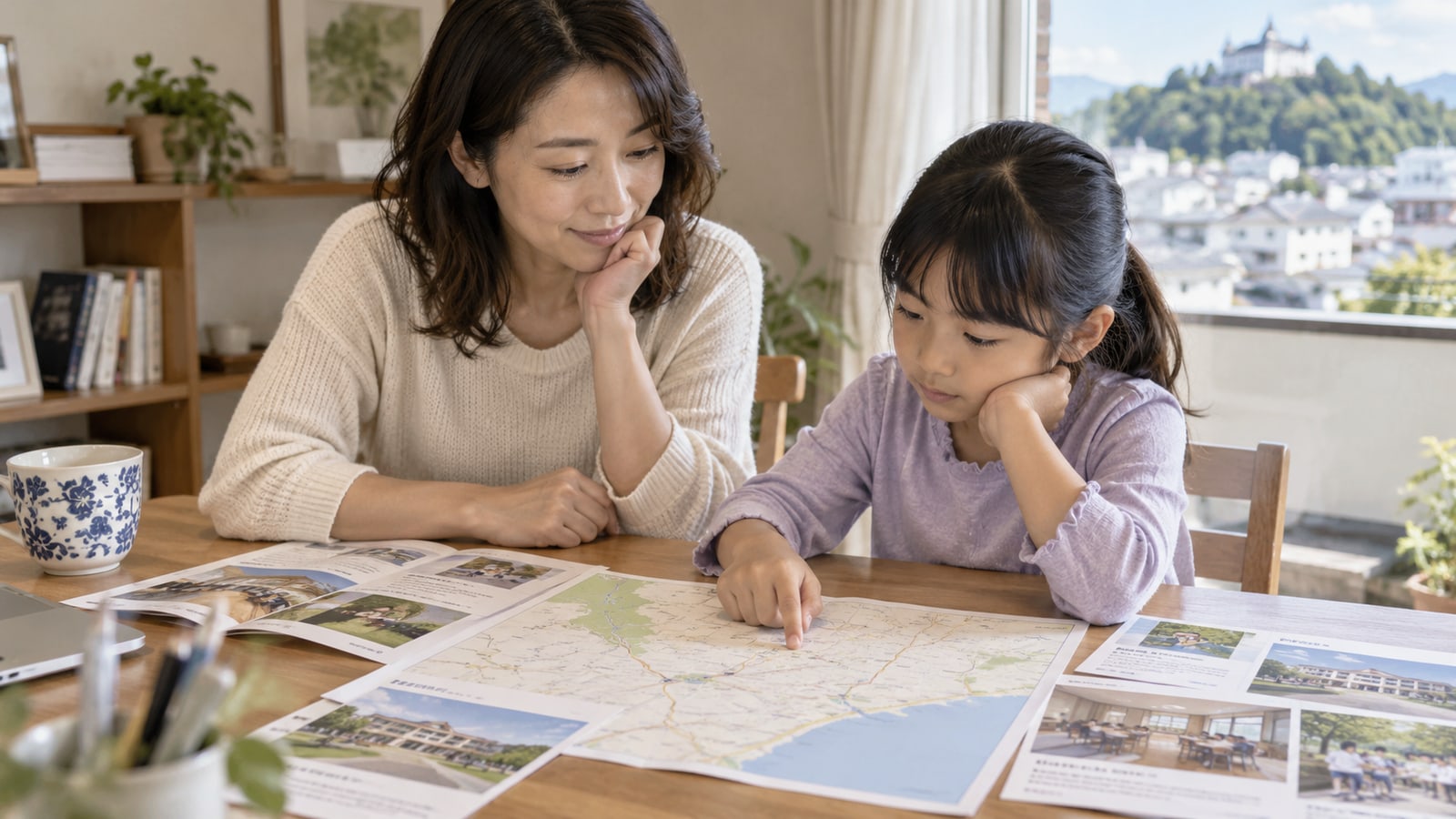親子が小田原周辺の地図と学校資料を見ながら通学方法を考える様子