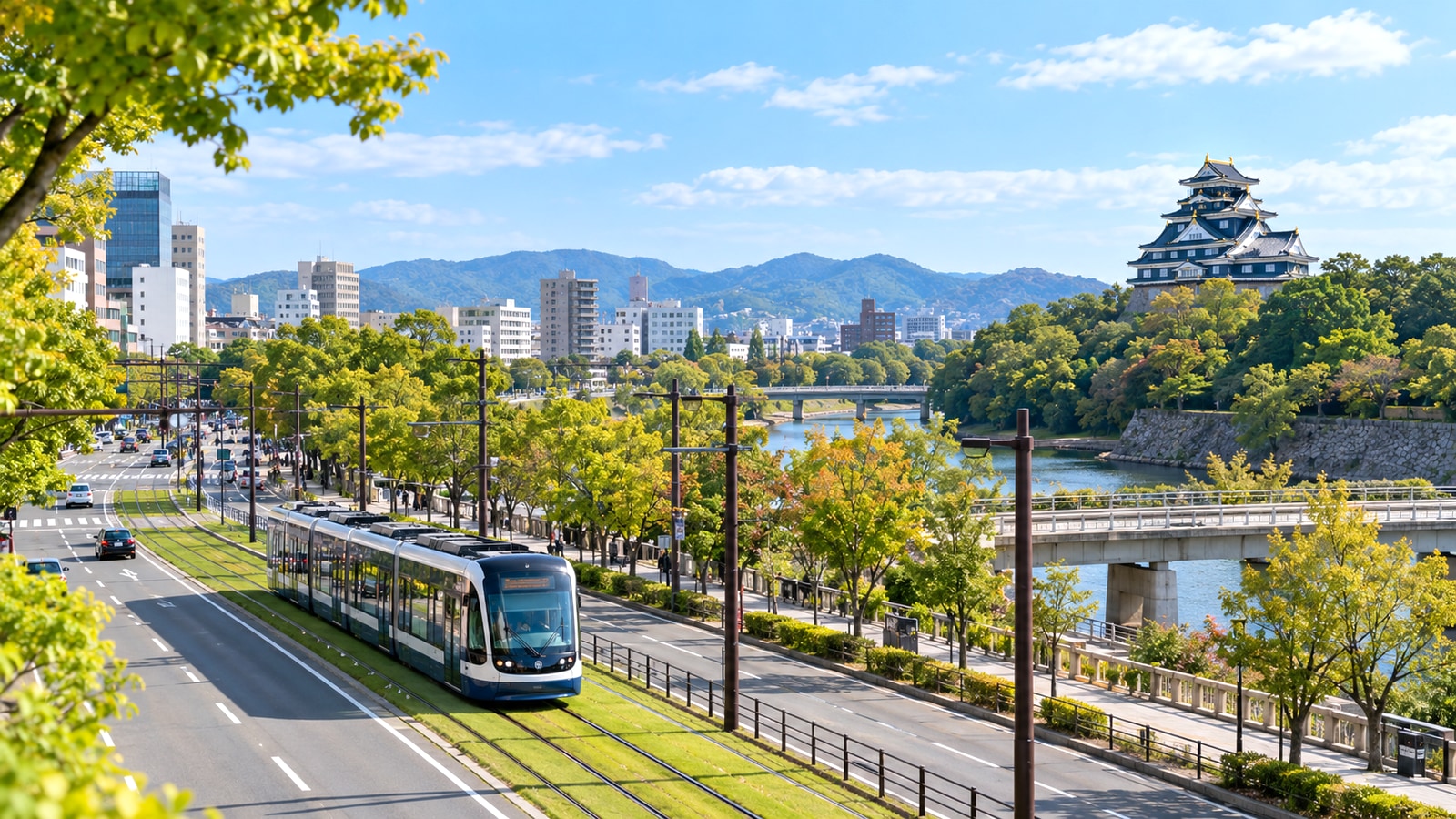 岡山市の路面電車と街並みをイメージした明るい風景