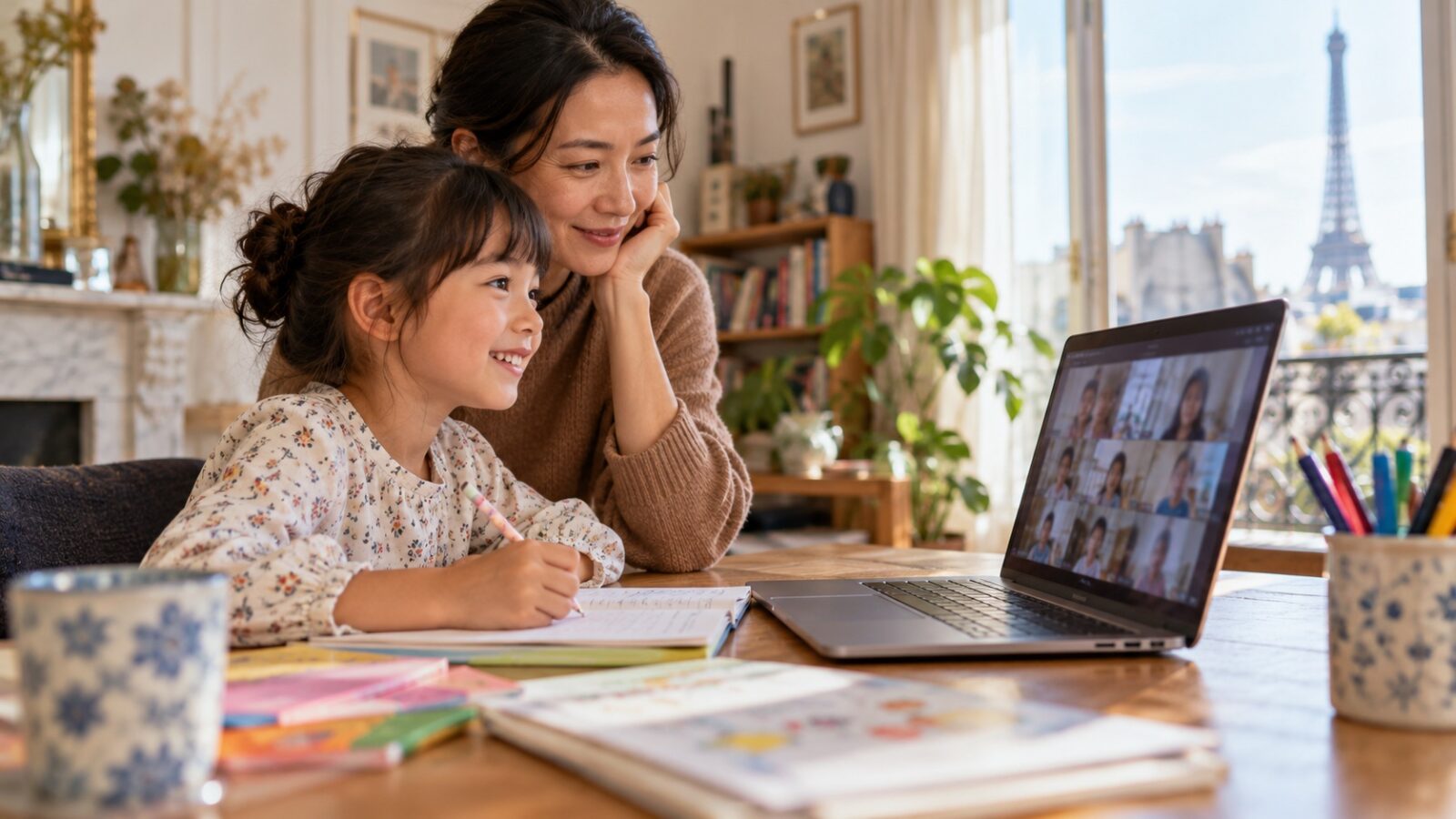自宅からオンラインで日本語を学ぶ子どものイメージ