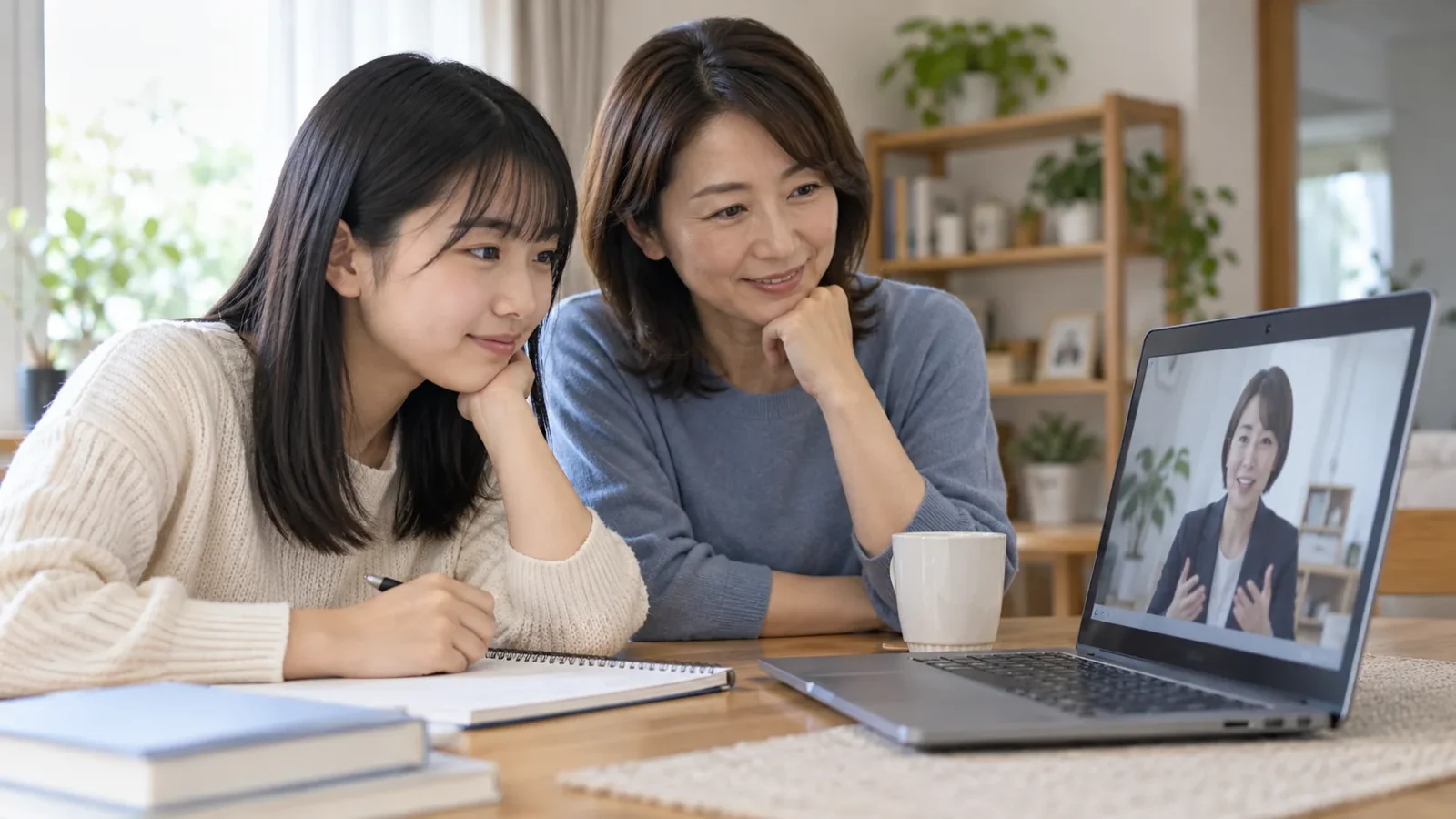 自宅からオンラインで学校の相談をする高校生と保護者