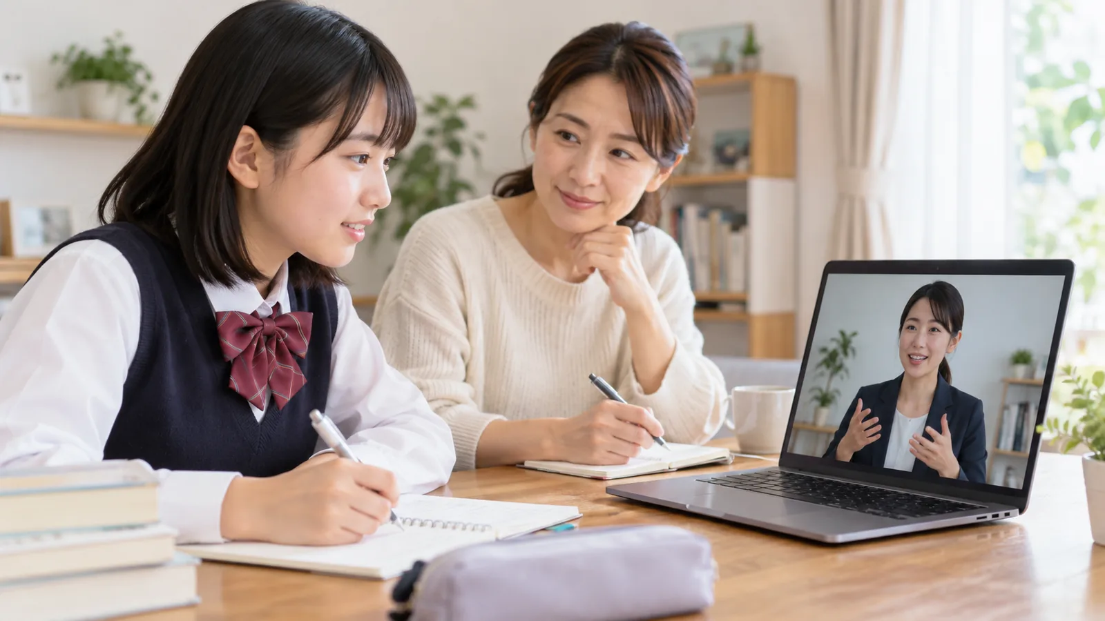 自宅からオンラインで学校の相談担当者に質問し、保護者がメモを取るイメージ