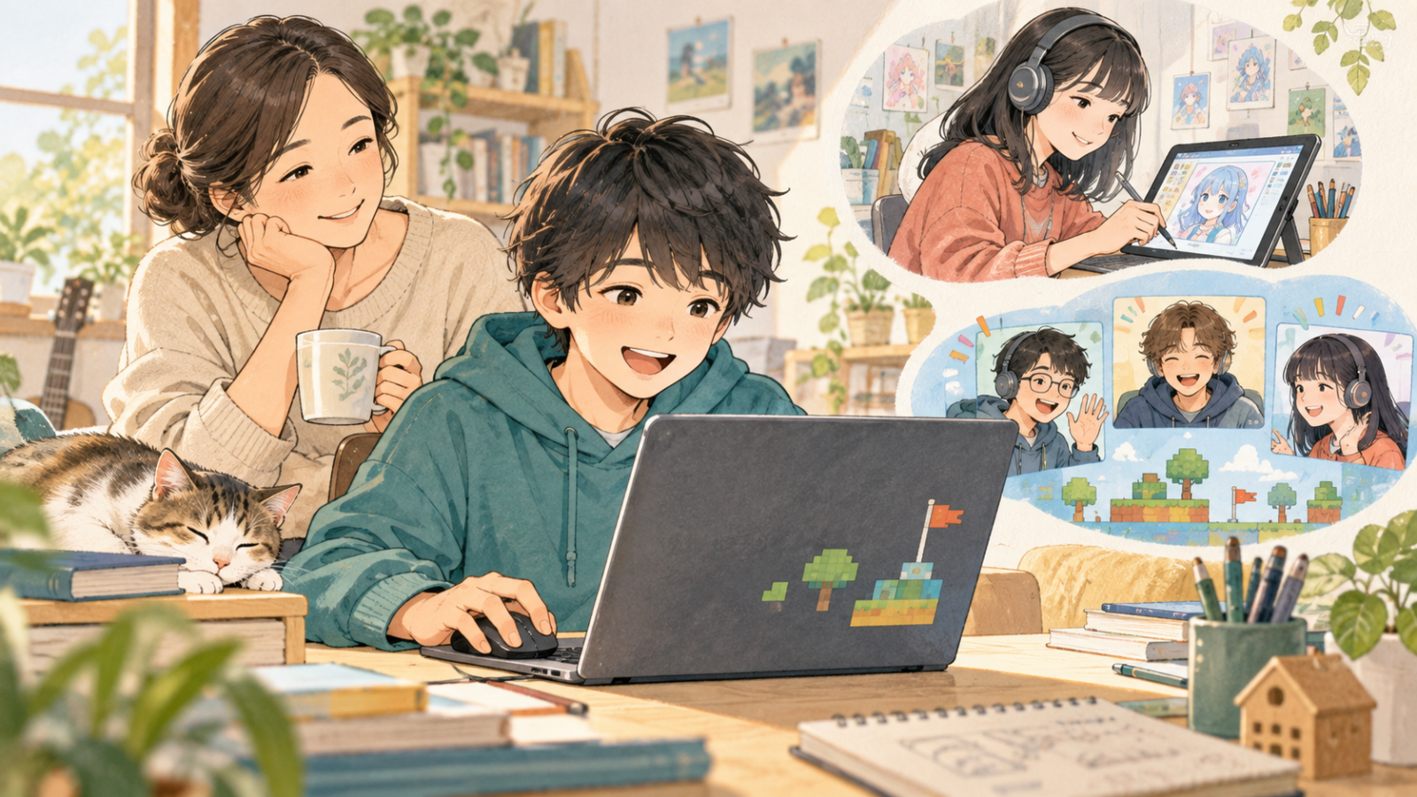 自宅でゲーム制作やイラストを楽しみ、オンラインで仲間とつながる子どもたちのイラスト