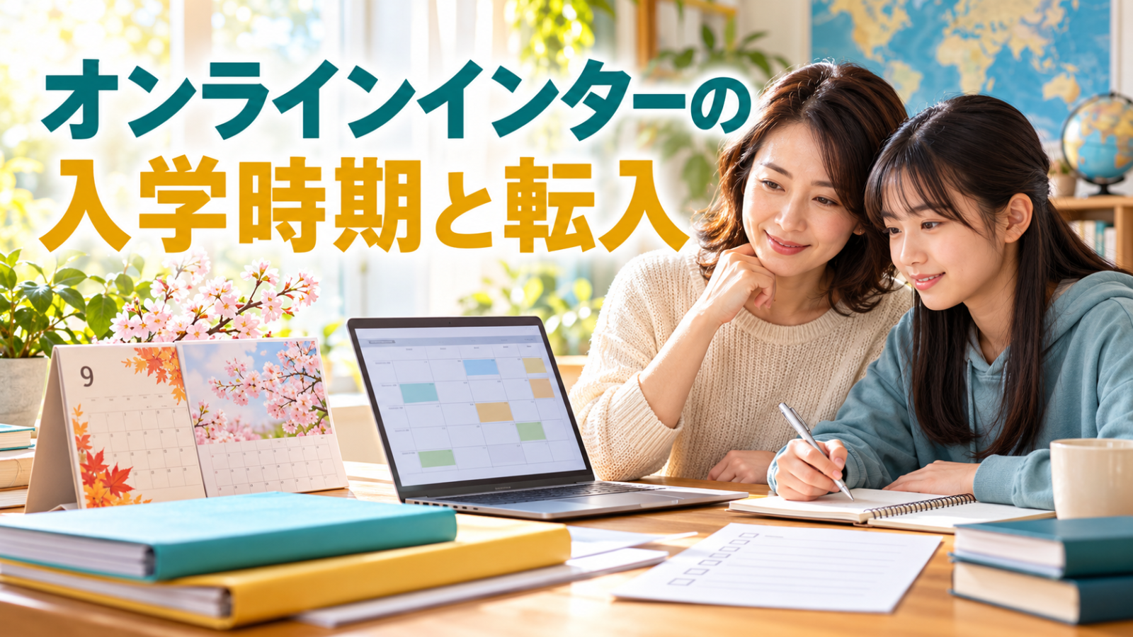 保護者と子どもがオンライン校の入学時期と転入をカレンダーで検討するイメージ