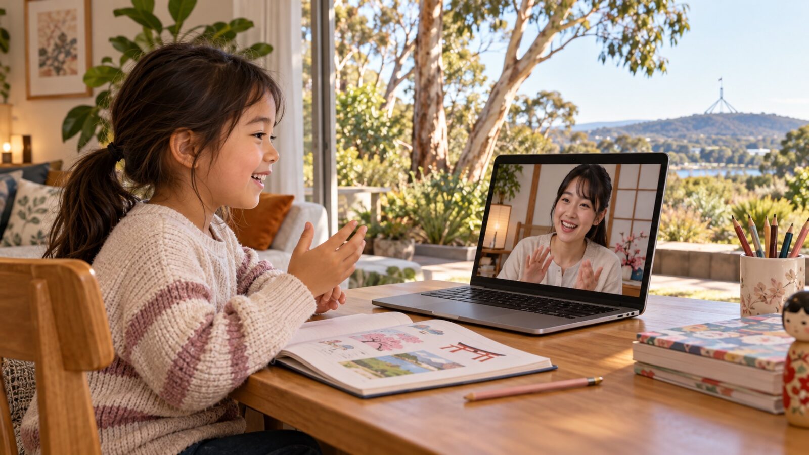 キャンベラの家庭から子どもがオンラインで日本語を学ぶイメージ