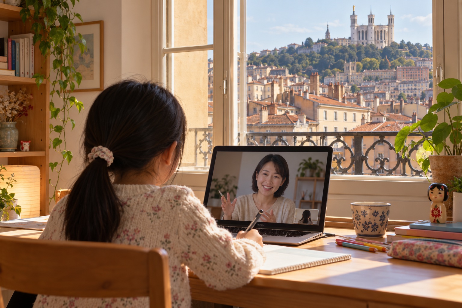 リヨンの街並みを窓から眺めながらオンライン日本語授業を受ける子どものイメージ