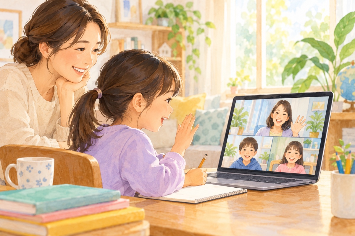海外の家庭から子どもがオンラインで同年代と話すイメージ