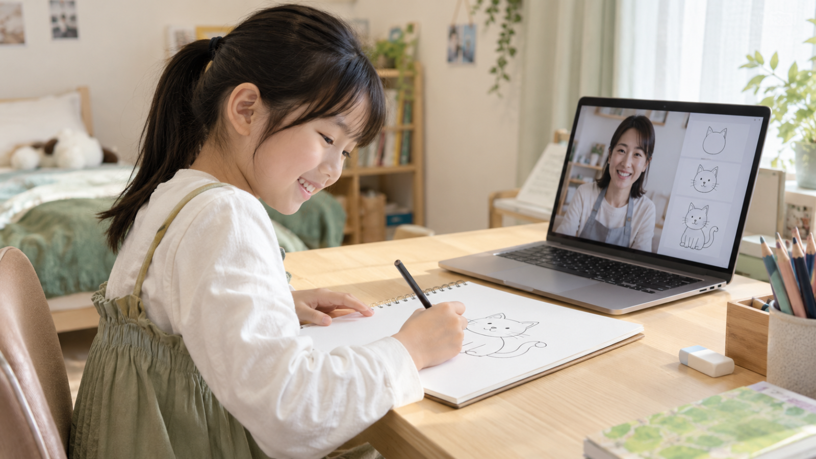 自宅で画面越しに先生と学びながら絵を描く子ども