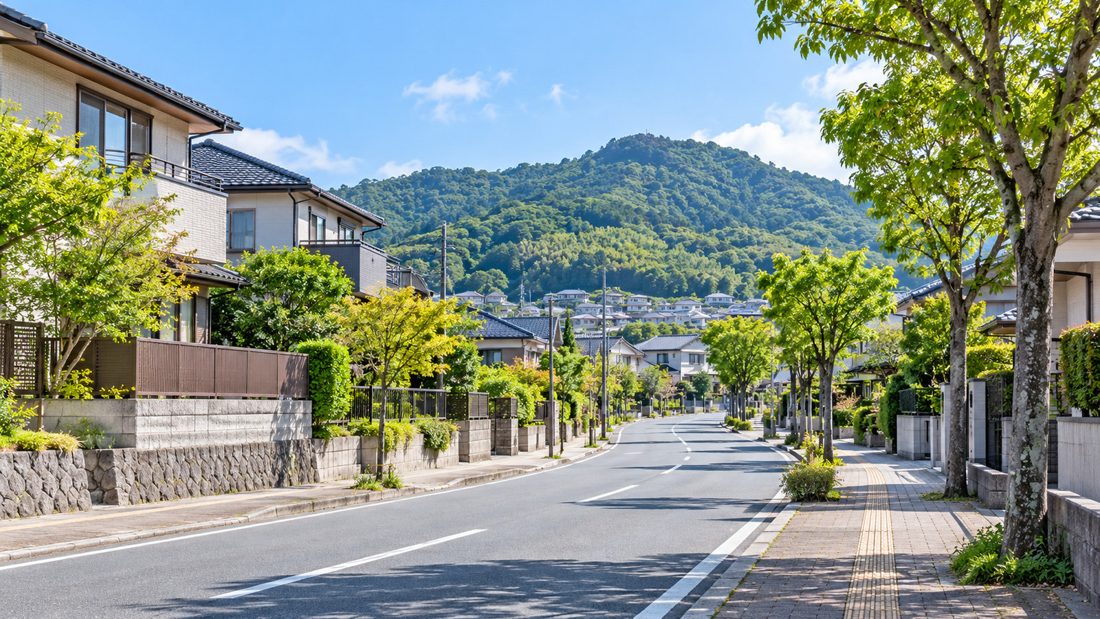 大野城市の住宅街と緑の丘をイメージした明るい街並み