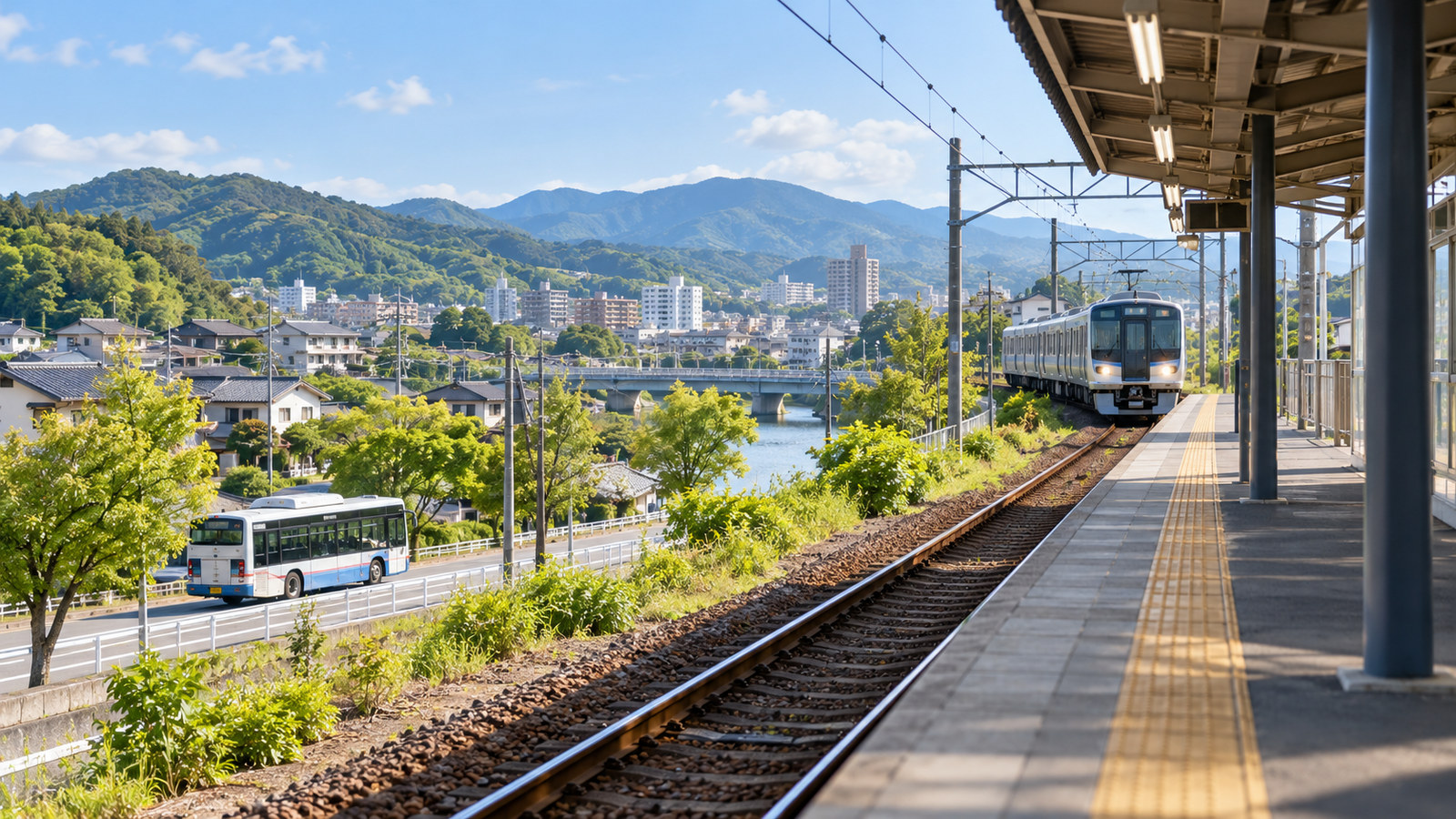 鉄道とバスを使う通園動線をイメージした郊外の駅