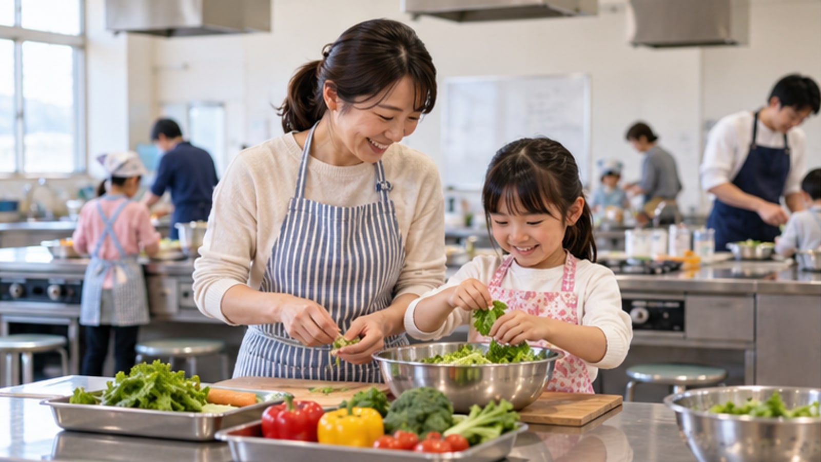 AI生成イメージ。保護者と子どもが地域の調理室のような場所で料理をする様子。小樽市の実在講座や参加者を撮影したものではありません。
