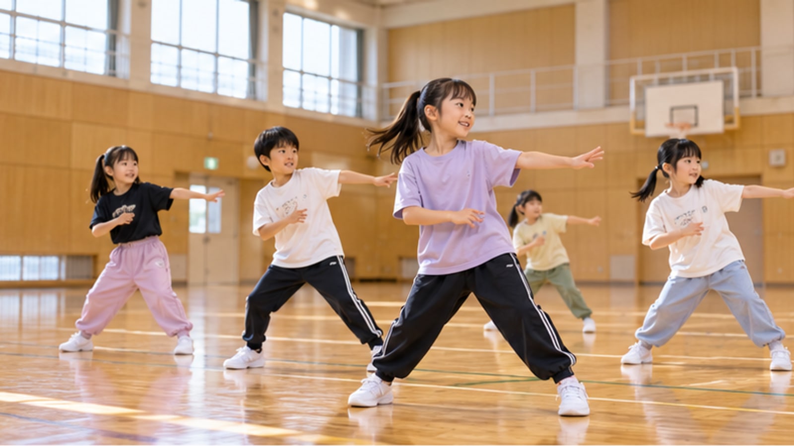 AI生成イメージ。地域体育室のような広い室内でダンスを練習する子どもたち。小樽市の実在施設や参加者を撮影したものではありません。