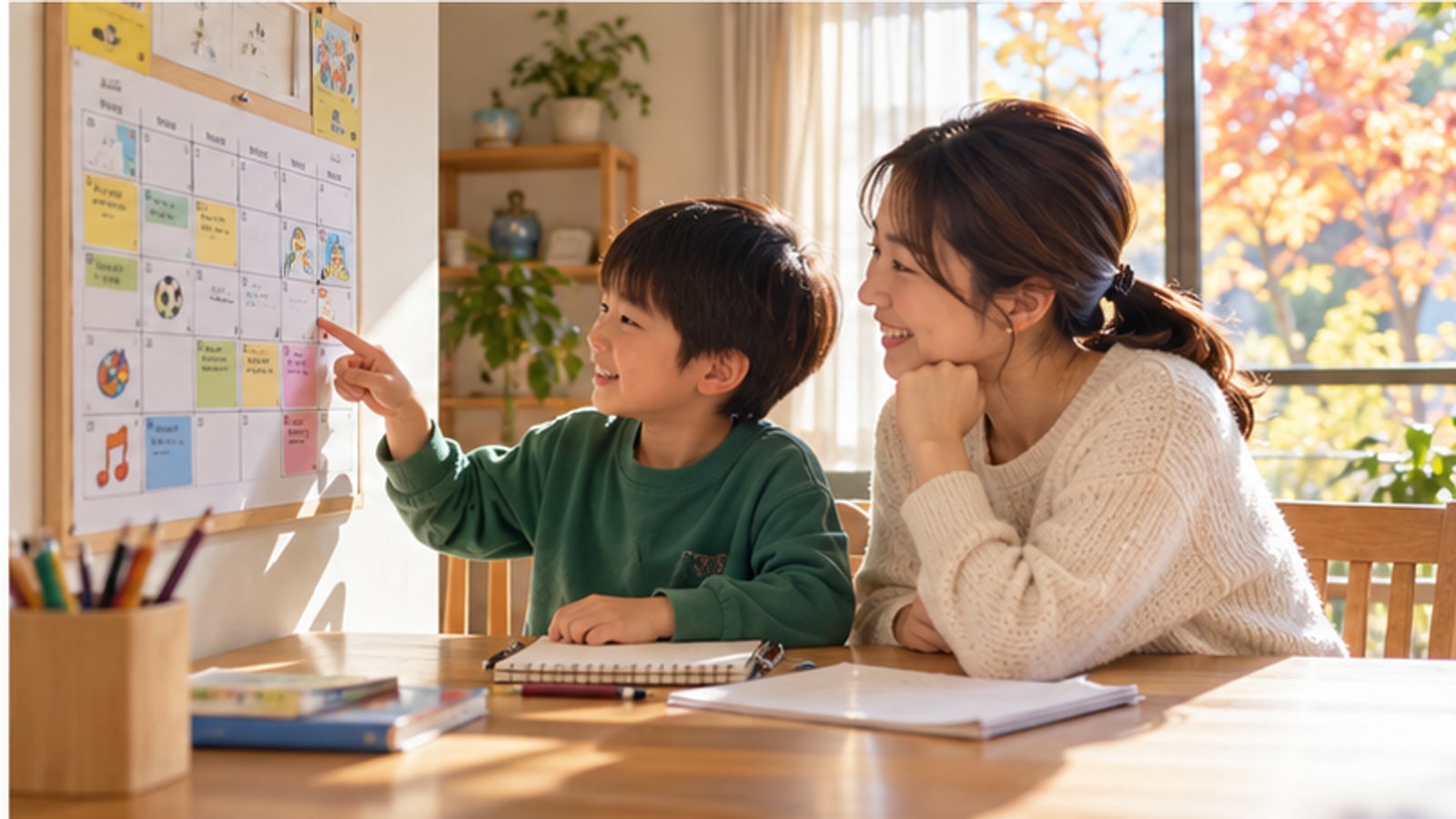 AI生成イメージ。秋の光が差す室内で、親子が放課後の予定表を確認している様子。実在の小樽市の家庭ではありません。