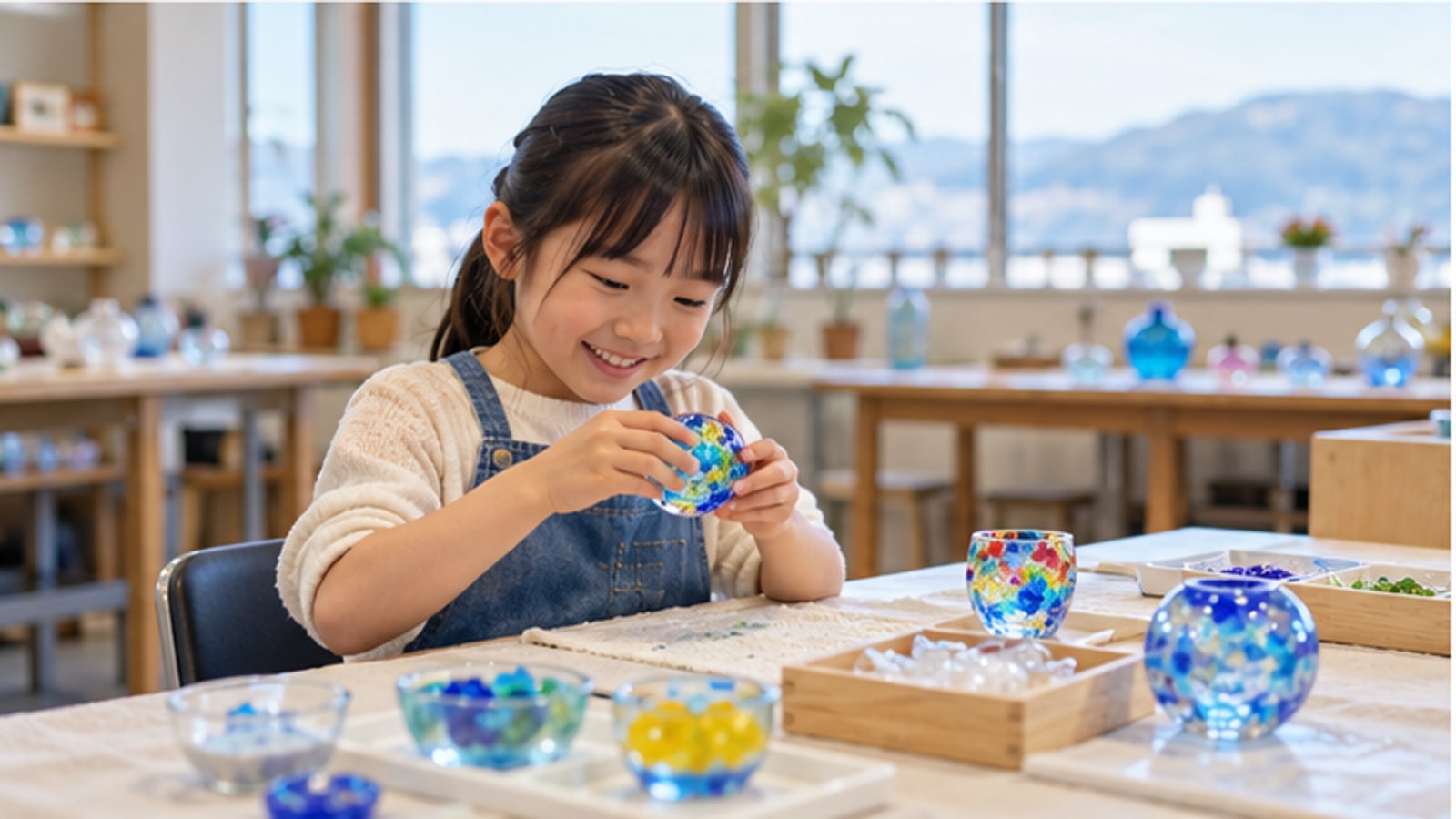 AI生成イメージ。工作机でガラス風のカラフルな作品を作る子ども。小樽市の実在施設や参加者を撮影したものではありません。