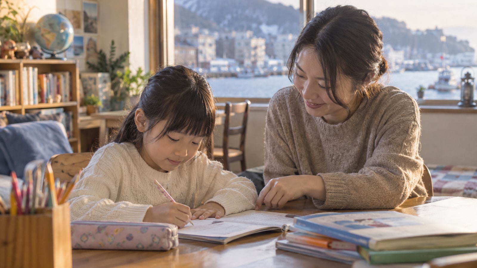 家庭で英語を練習する小学生のイメージ