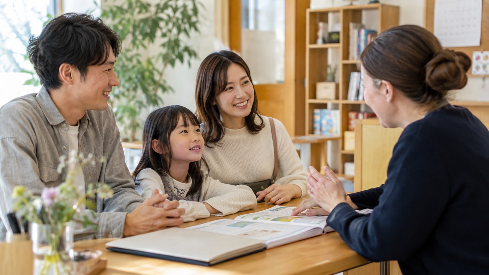 親子で英語教室の学び方を相談する場面