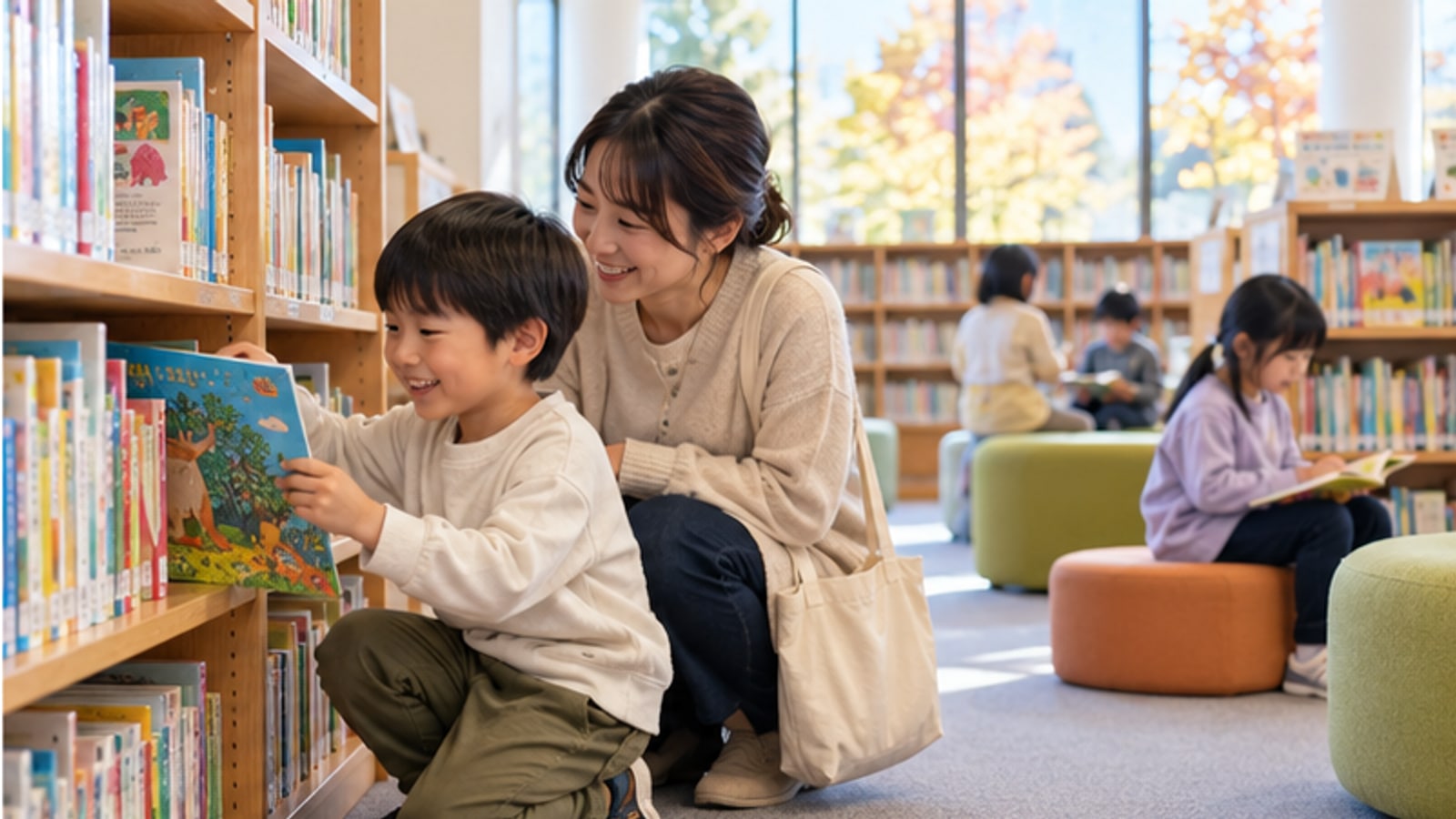 AI生成イメージ。図書館の児童書コーナーで本を選ぶ親子。市立小樽図書館の実在施設・利用者を撮影したものではありません。